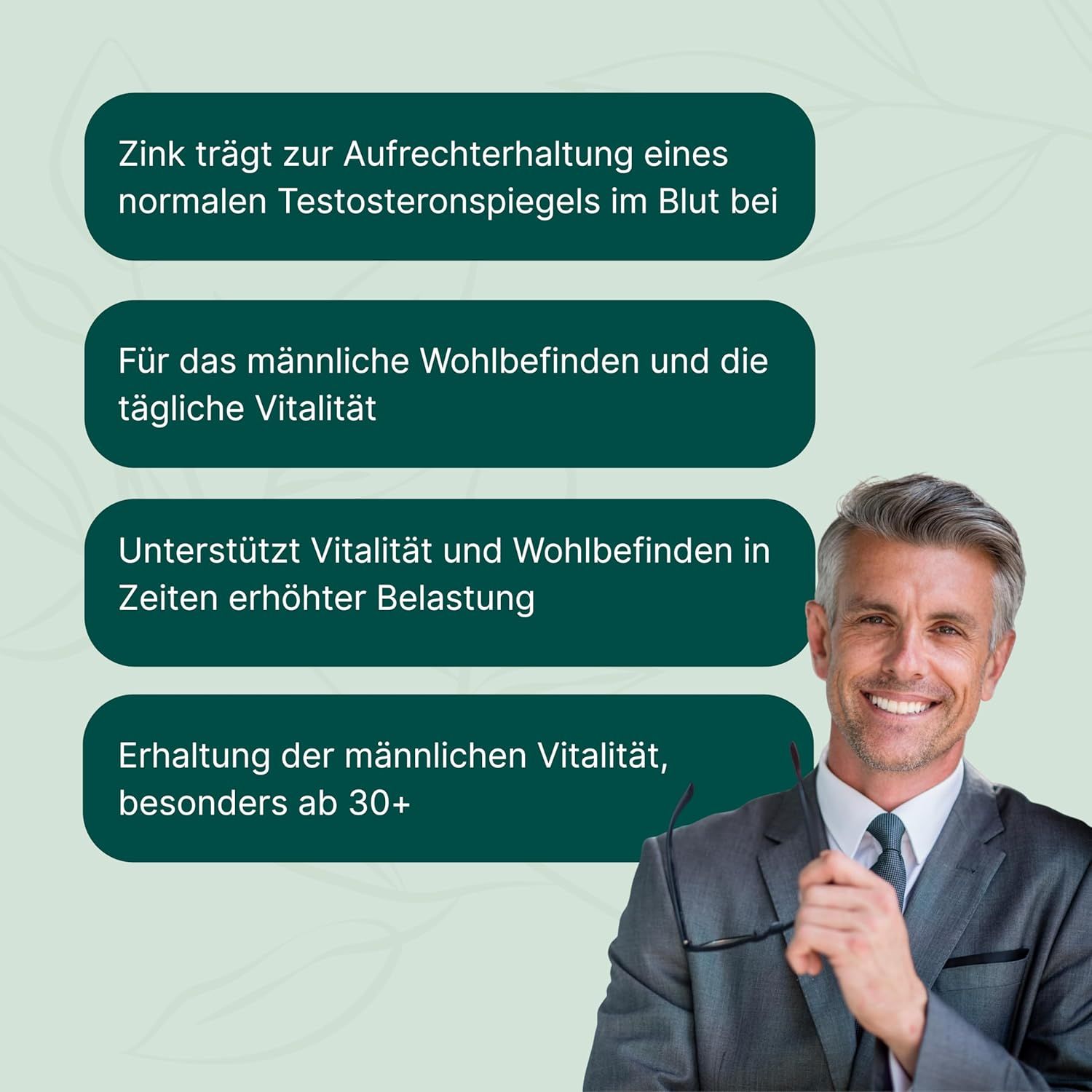 Mann mit Brille und Textboxen. Text: Zink, männliches Wohlbefinden, Vitalität, Erhaltung der Vitalität ab 30+.
