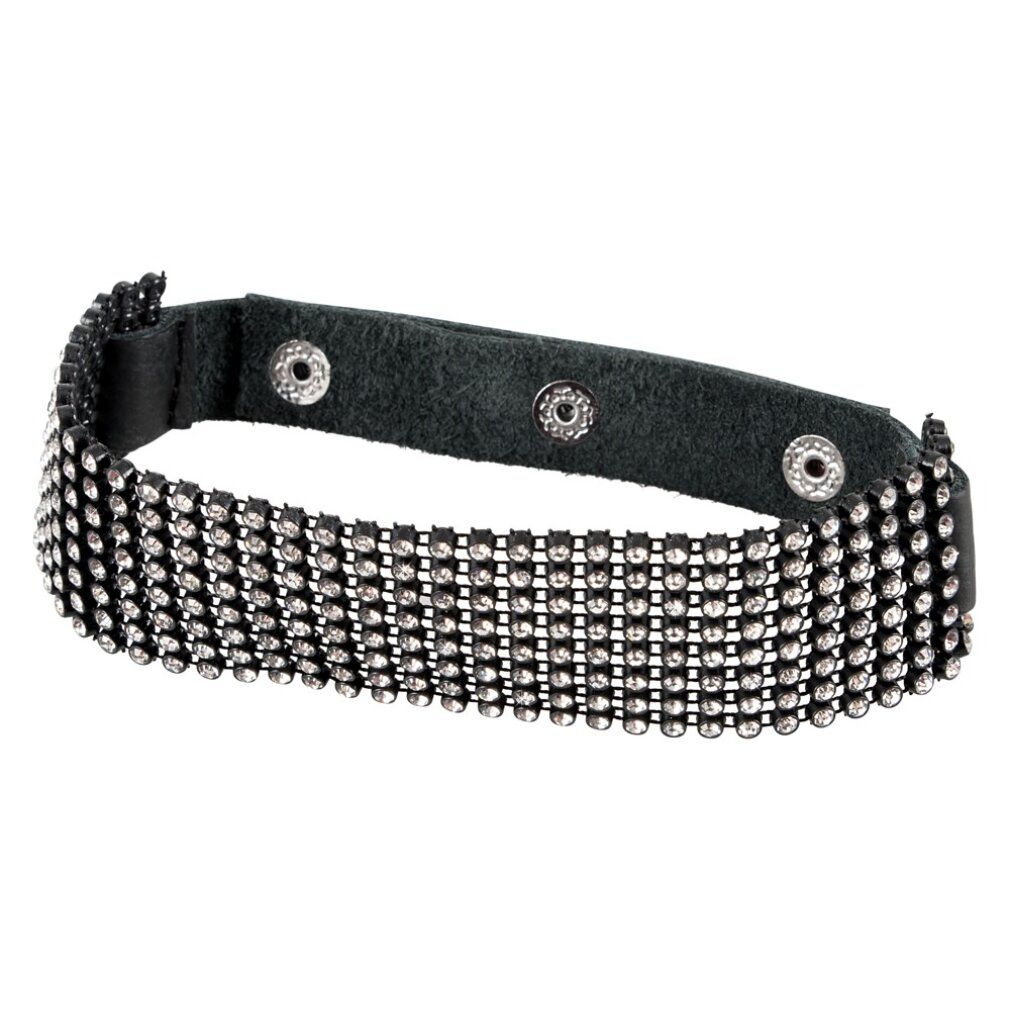 Schwarzes Halsband mit Strasssteinen und Druckknöpfen. Lederriemen mit drei Knöpfen.