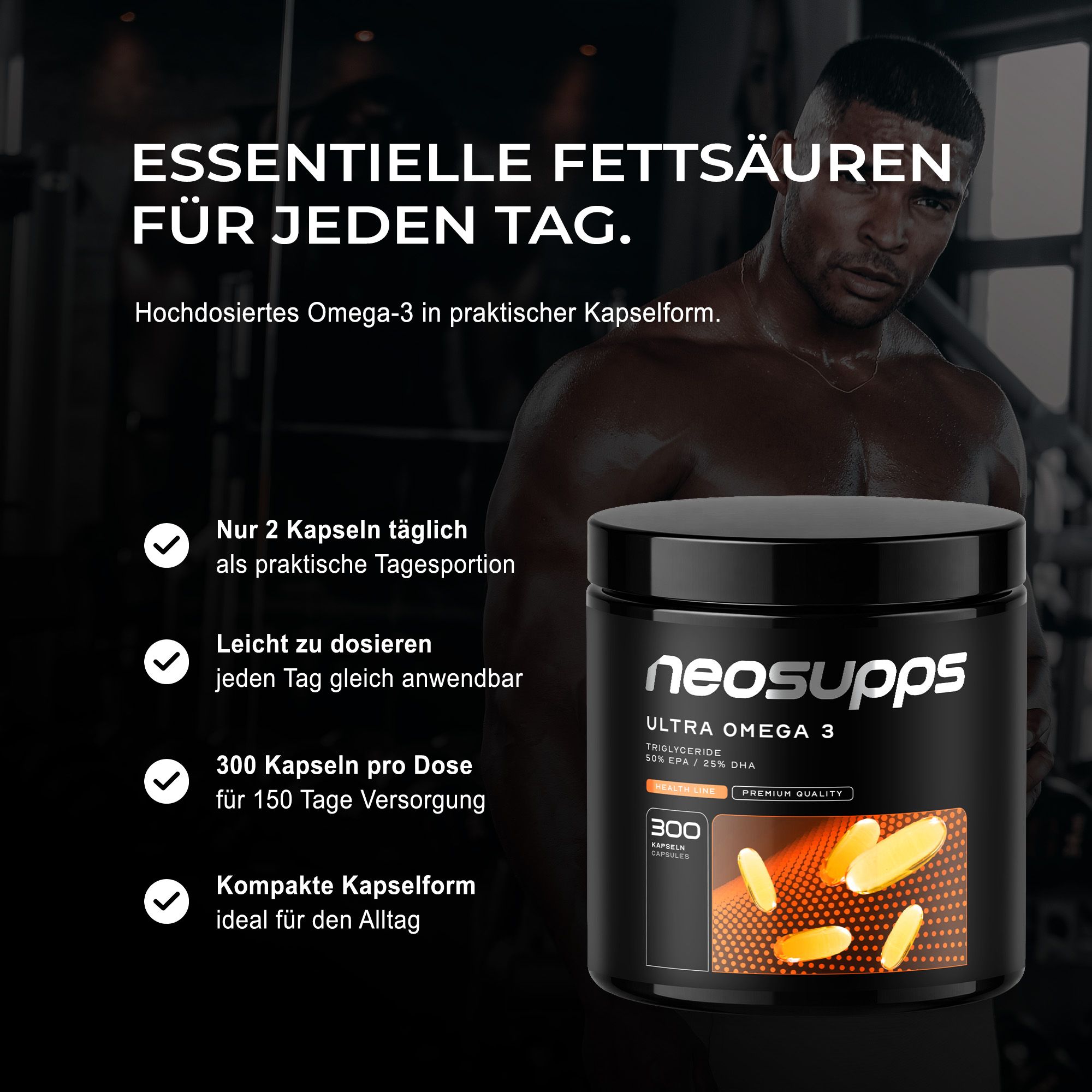 Neosupps Ultra Omega 3 Kapseln, hochdosiert, EPA & DHA, für Herz, Gehirn und Körper