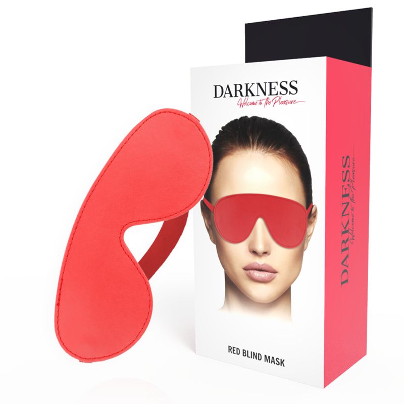 Rote Augenmaske neben Verpackung. Verpackung mit Logo und Gesicht einer Frau. Text: RED BLIND MASK.