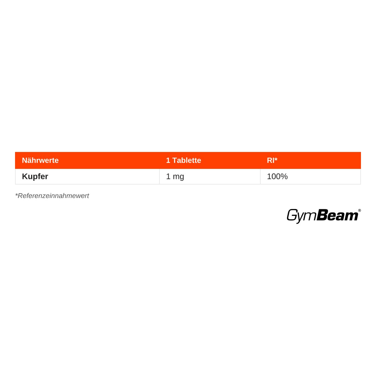 Nährwertangaben für GymBeam Kupferbisglycinat: 1 Tablette enthält 1 mg Kupfer (100% RI).