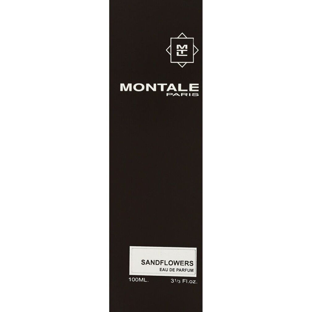 Schwarze rechteckige Verpackung. Aufschrift: Montale Paris, Sandflowers Eau de Parfum. 100ml, 3.4 Fl. Oz.