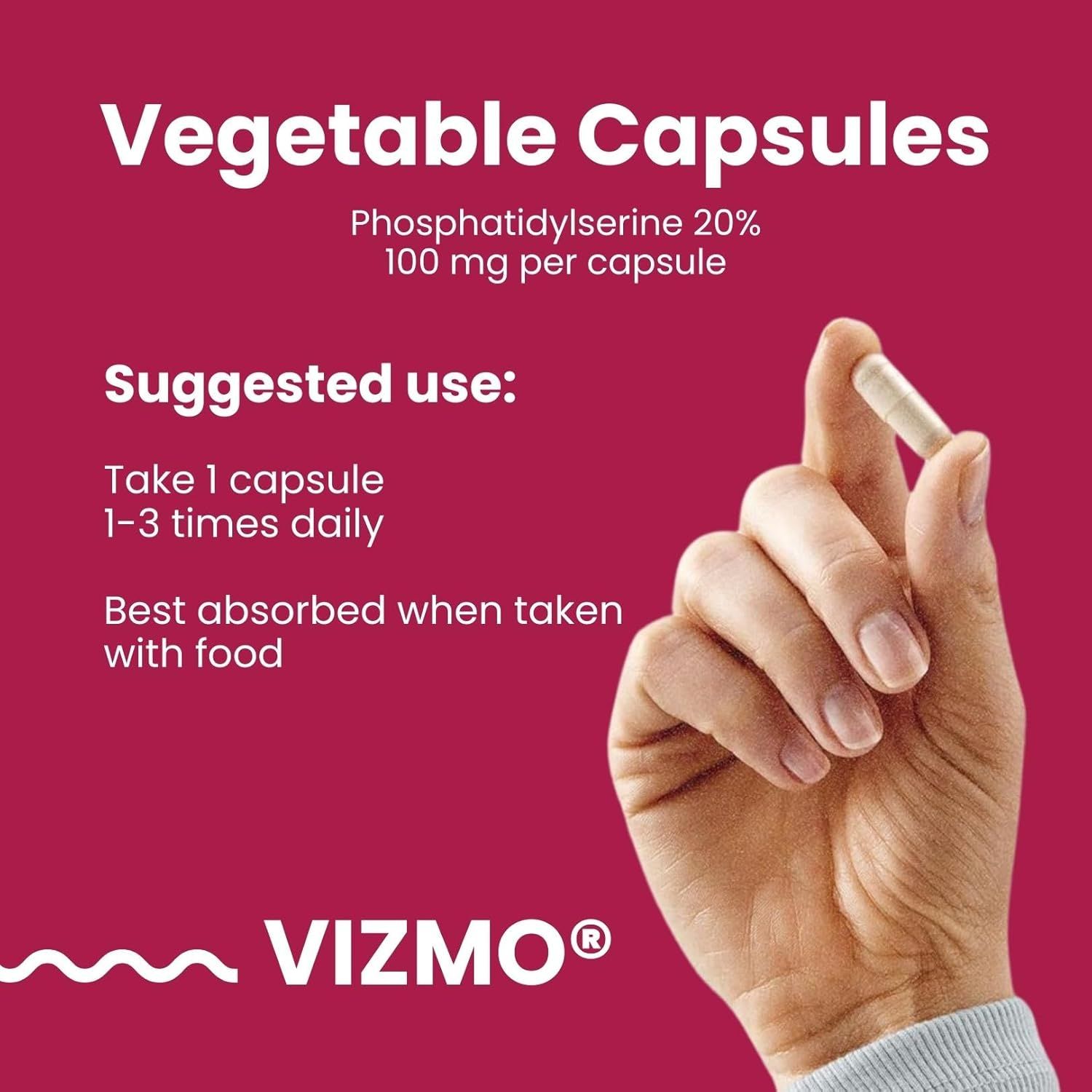 Hand hält eine Kapsel. Text: Phosphatidylserin 20%, 100 mg pro Kapsel. Aufschrift: VIZMO.
