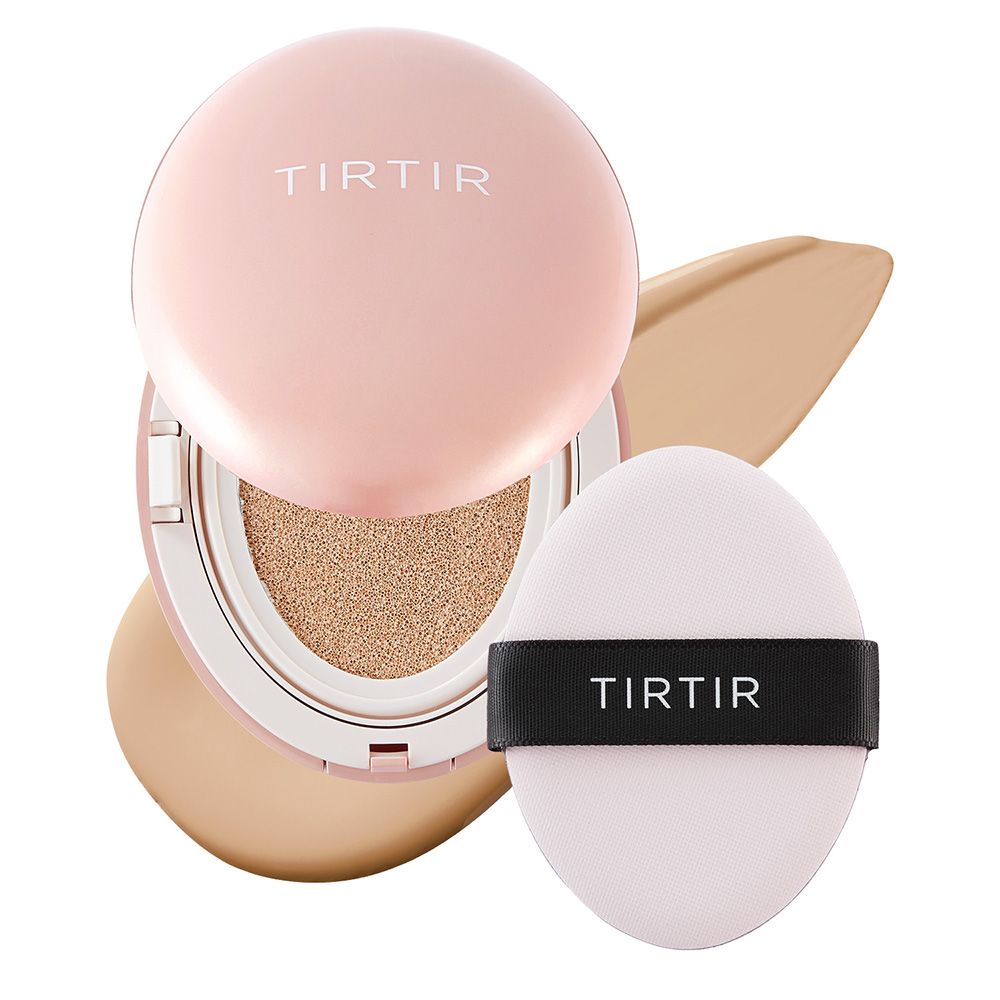 TIRTIR Mask Fit All Cover Cushion in rosafarbener Dose mit Applikator und Foundation-Swatches.