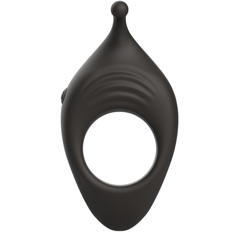 Schwarzer, ringförmiger Vibrator mit geriffelter Oberfläche und einem Knopf mit Power-Symbol. Oben befindet sich eine runde Spitze.