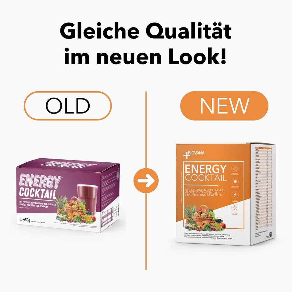 Vergleich der alten und neuen Verpackung von Energy Cocktail. Beide zeigen das Produkt und den Schriftzug.