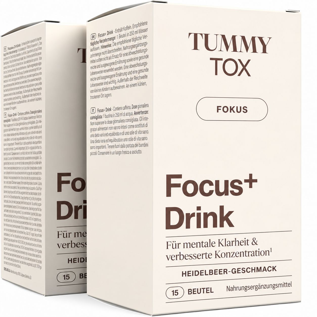 Zwei Kartons Tummy Tox Fokus+ Drink, Heidelbeer-Geschmack, 15 Beutel.