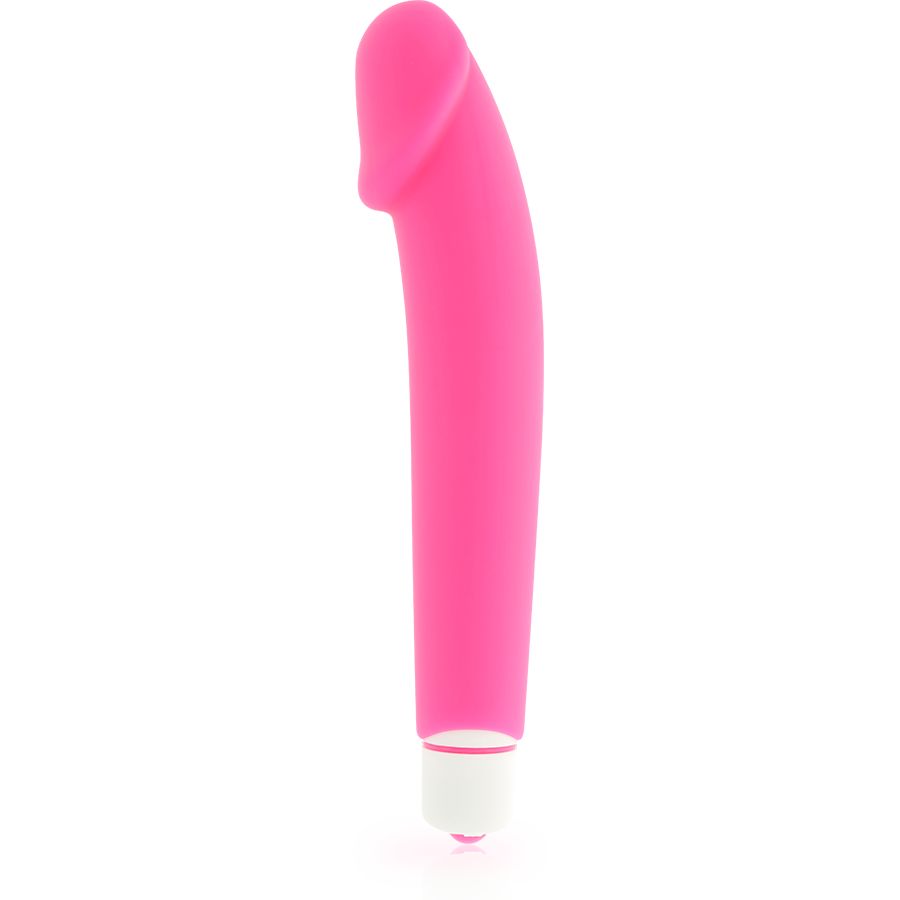 Pinkfarbener Silikon-Vibrator mit weißem Sockel. Auf weißem Hintergrund, leicht geneigt.
