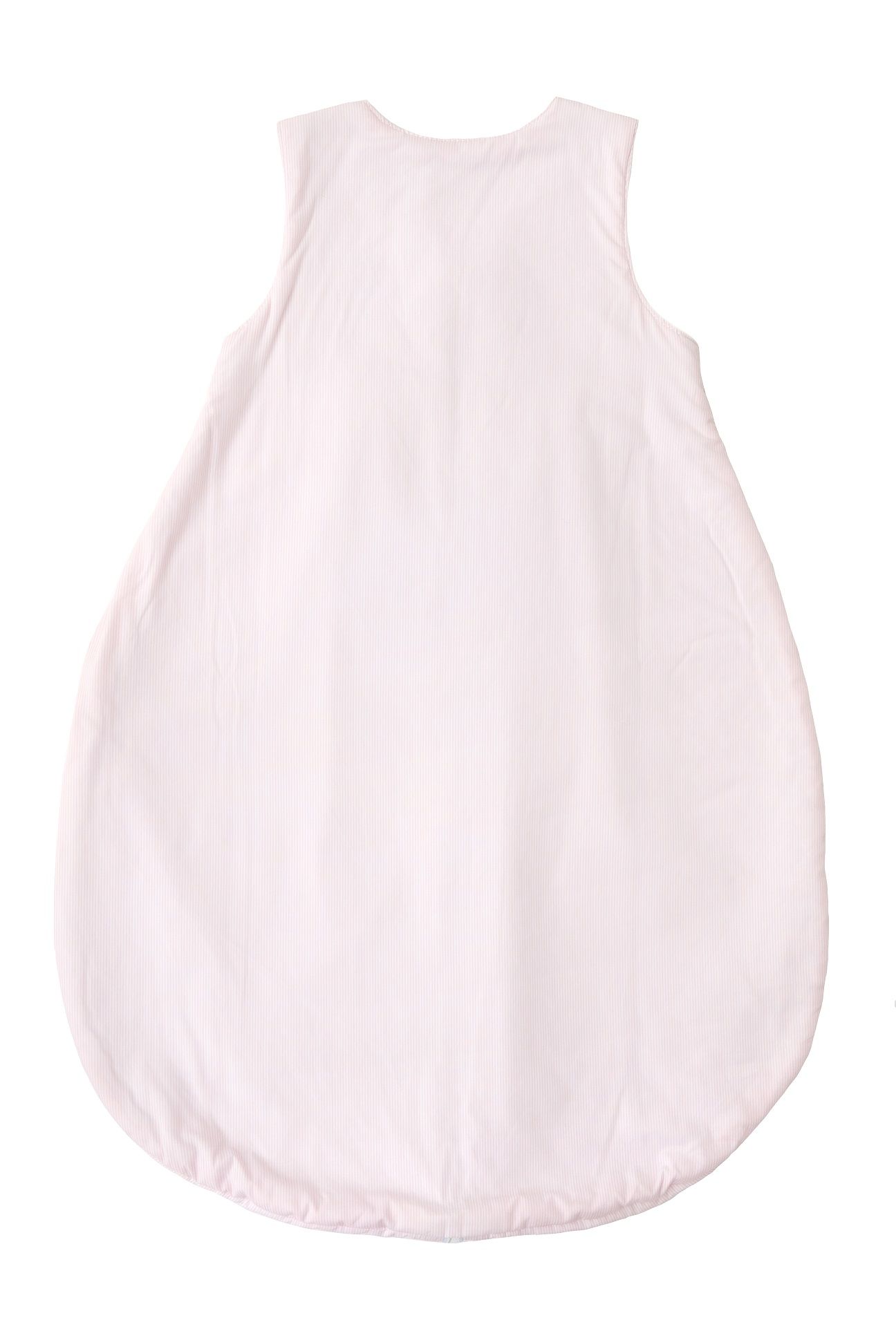 Rückseite eines rosa Schlafsacks. Einfarbig, ohne sichtbare Details. Baumwollstoff.