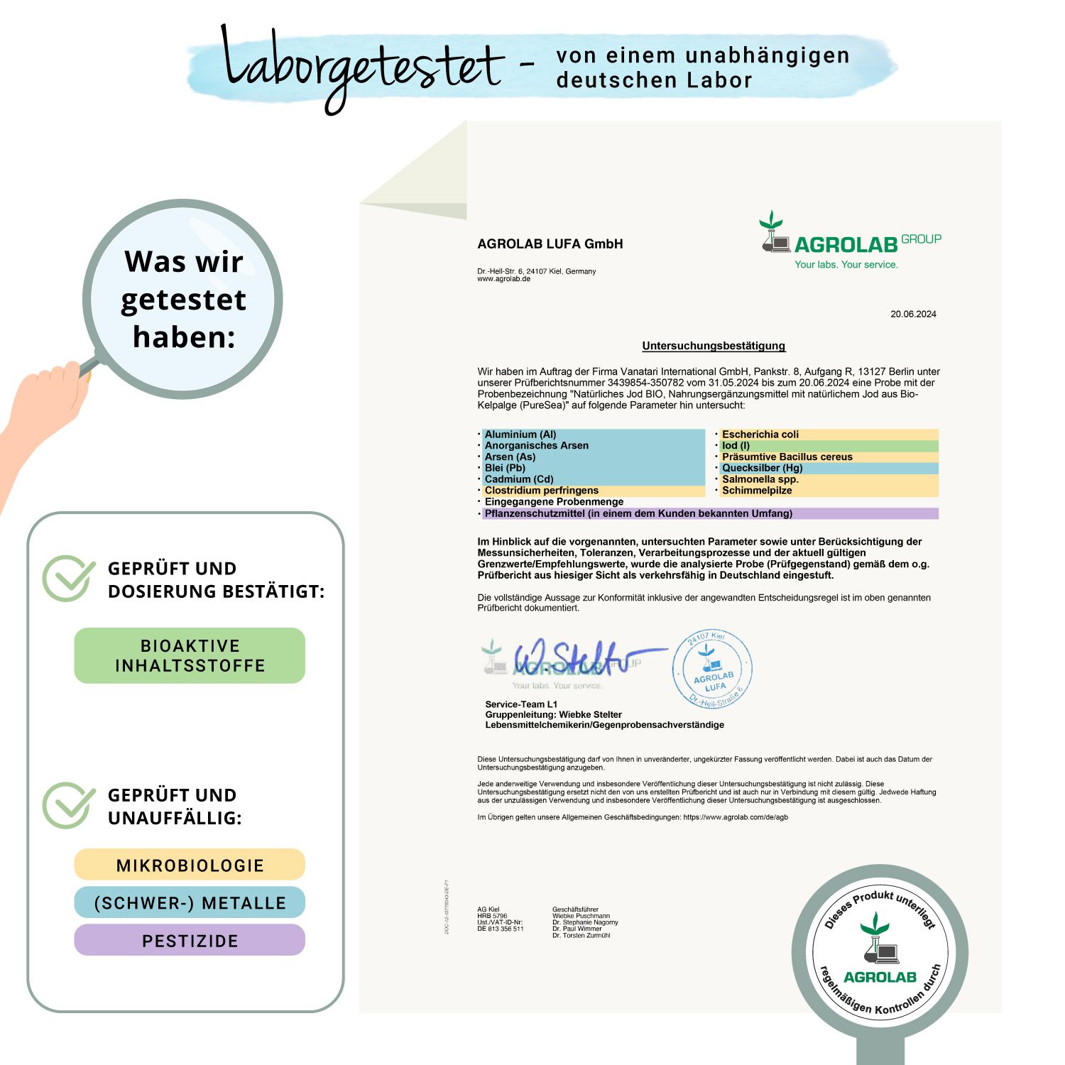 Zertifizierungsbericht von Agrolab LUFA GmbH. Bestätigung der Analyse von Inhaltsstoffen. Logo und Unterschrift.