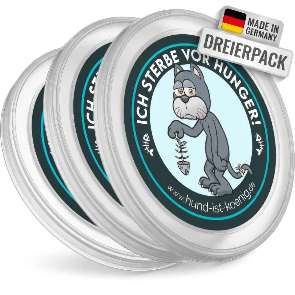 Drei transparente Deckel für Tierfutterdosen. Auf jedem Deckel ist ein Motiv mit einem Hund und Text abgebildet. "Made in Germany".