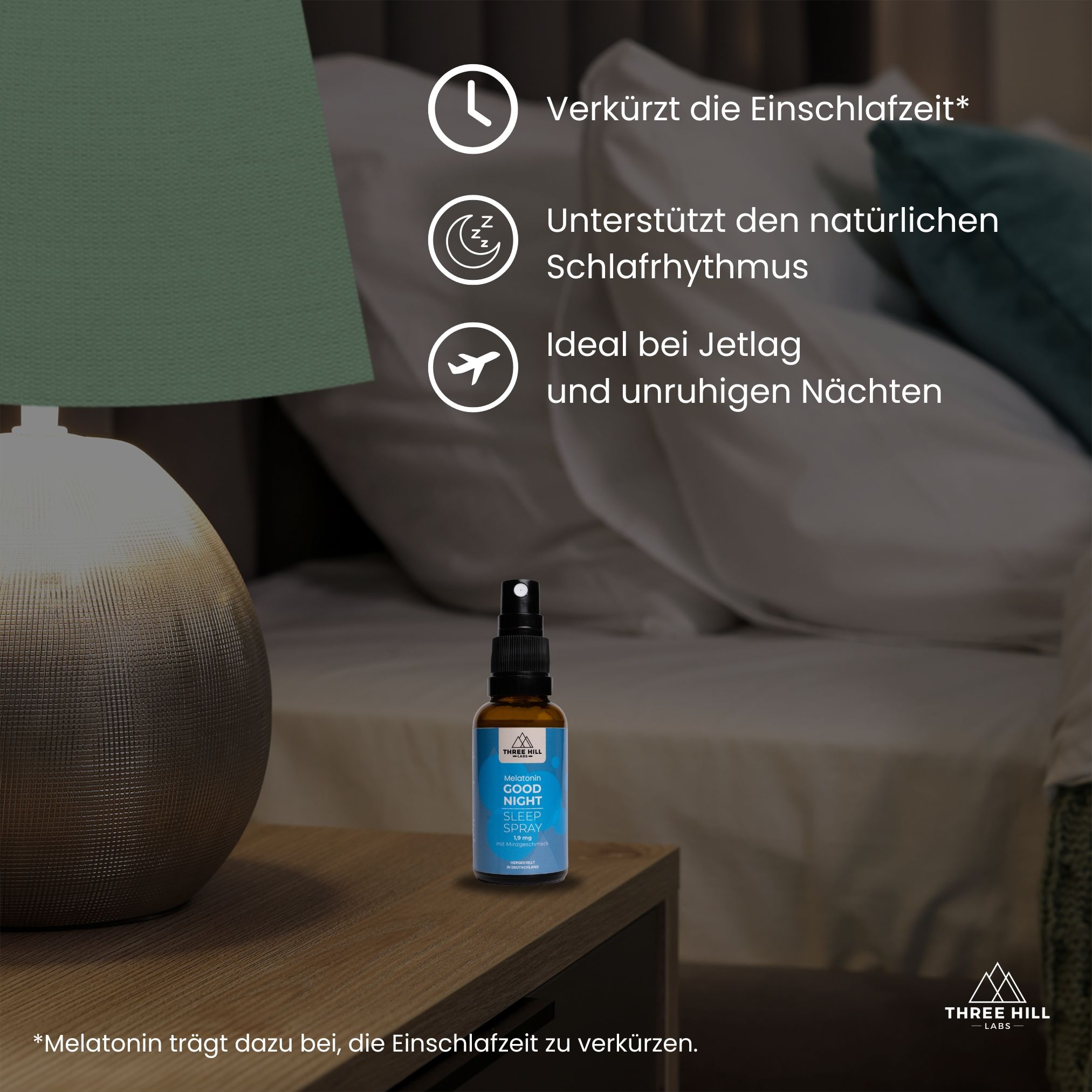 Sprühflasche auf Nachttisch. Text: Melatonin Good Night Sleep Spray. Icons: Uhr, Mond, Flugzeug. Hintergrund: Schlafzimmer.
