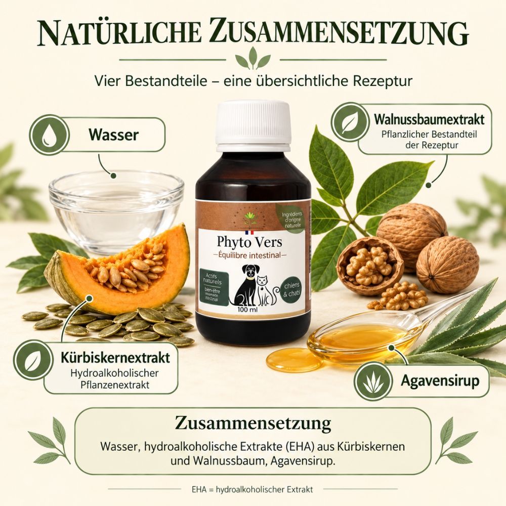 Natürliche Zusammensetzung von Phyto Vers: Wasser, Kürbiskernextrakt, Walnussbaumeextrakt und Agavensirup.