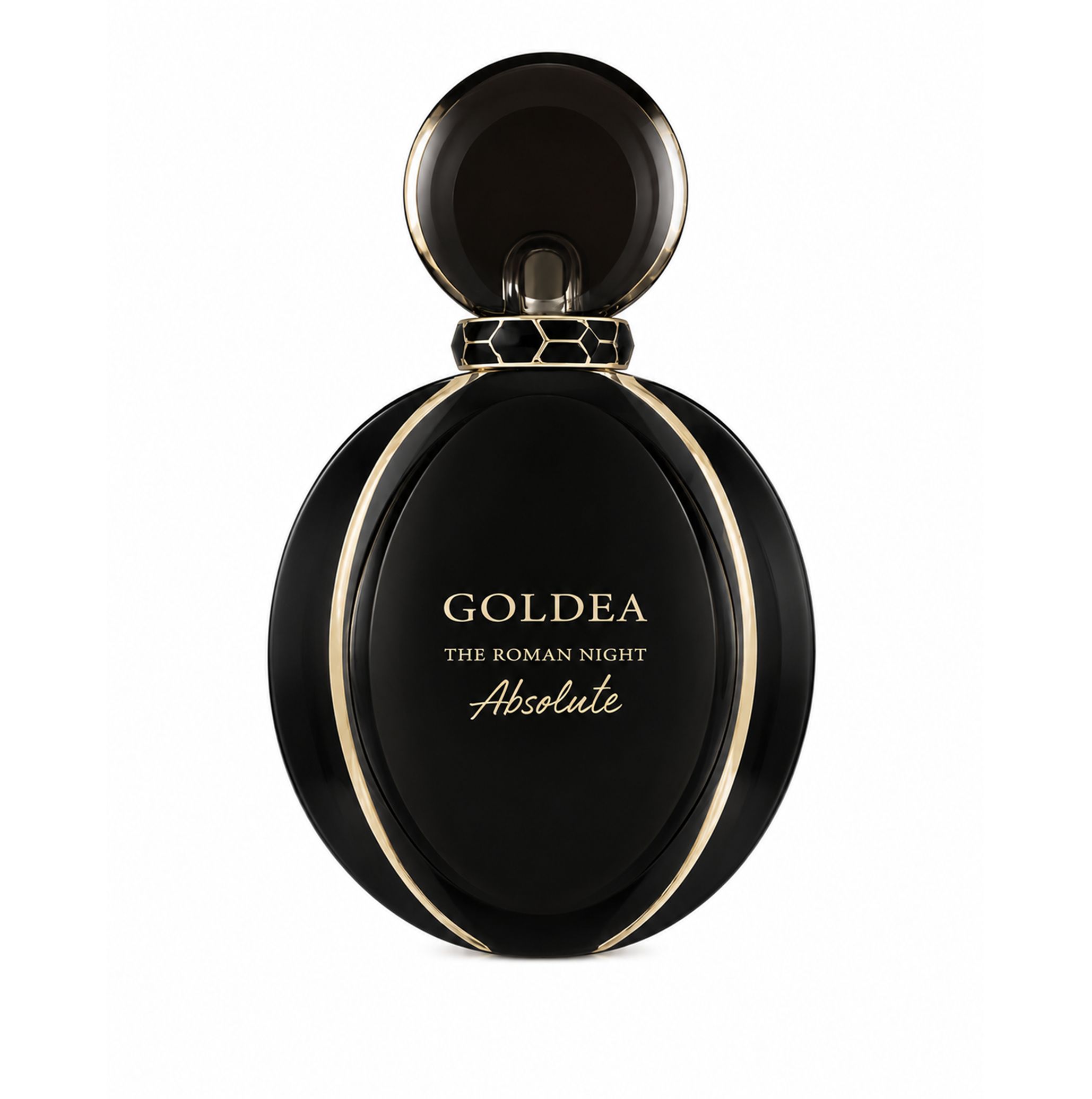 Schwarze Flasche. Aufschrift: Goldea The Roman Night Absolute. Schwarzer Deckel.