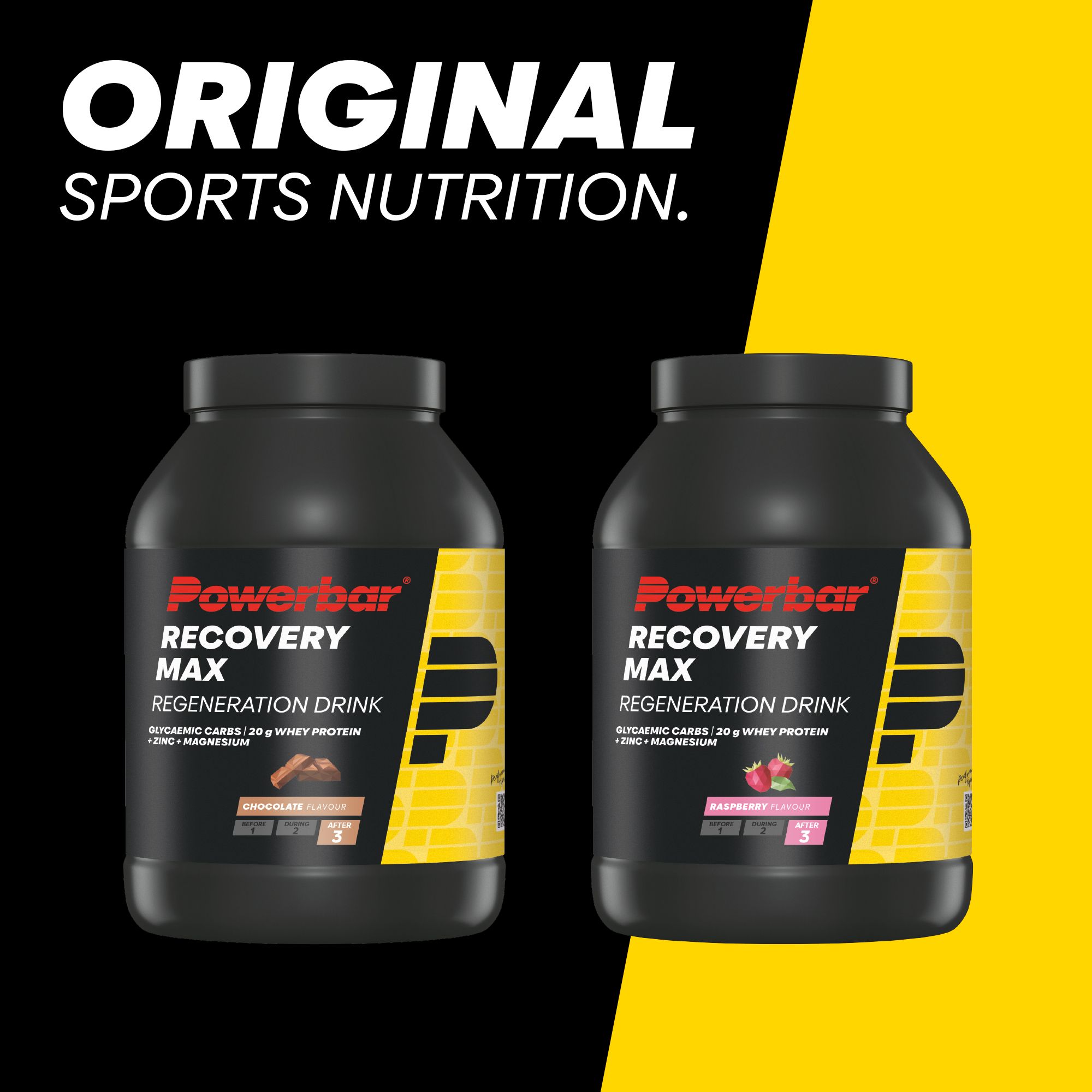 Zwei schwarze Behälter mit PowerBar Recovery Max. Schokoladen- und Himbeergeschmack. Gelber Hintergrund mit Schriftzug: ORIGINAL SPORTS NUTRITION.