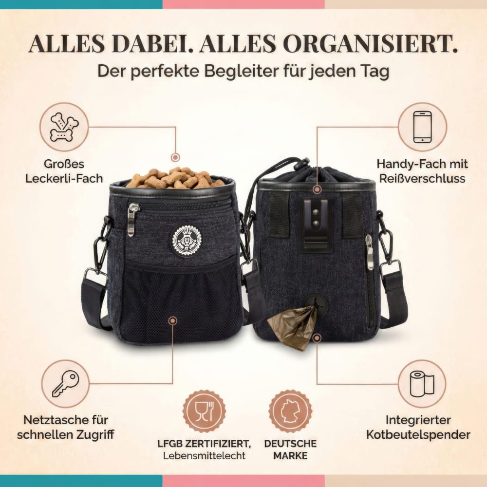 Zwei schwarze Leckerlibeutel mit verschiedenen Funktionen. Text: LFGB zertifiziert, Deutsche Marke. Mit Zubehör.