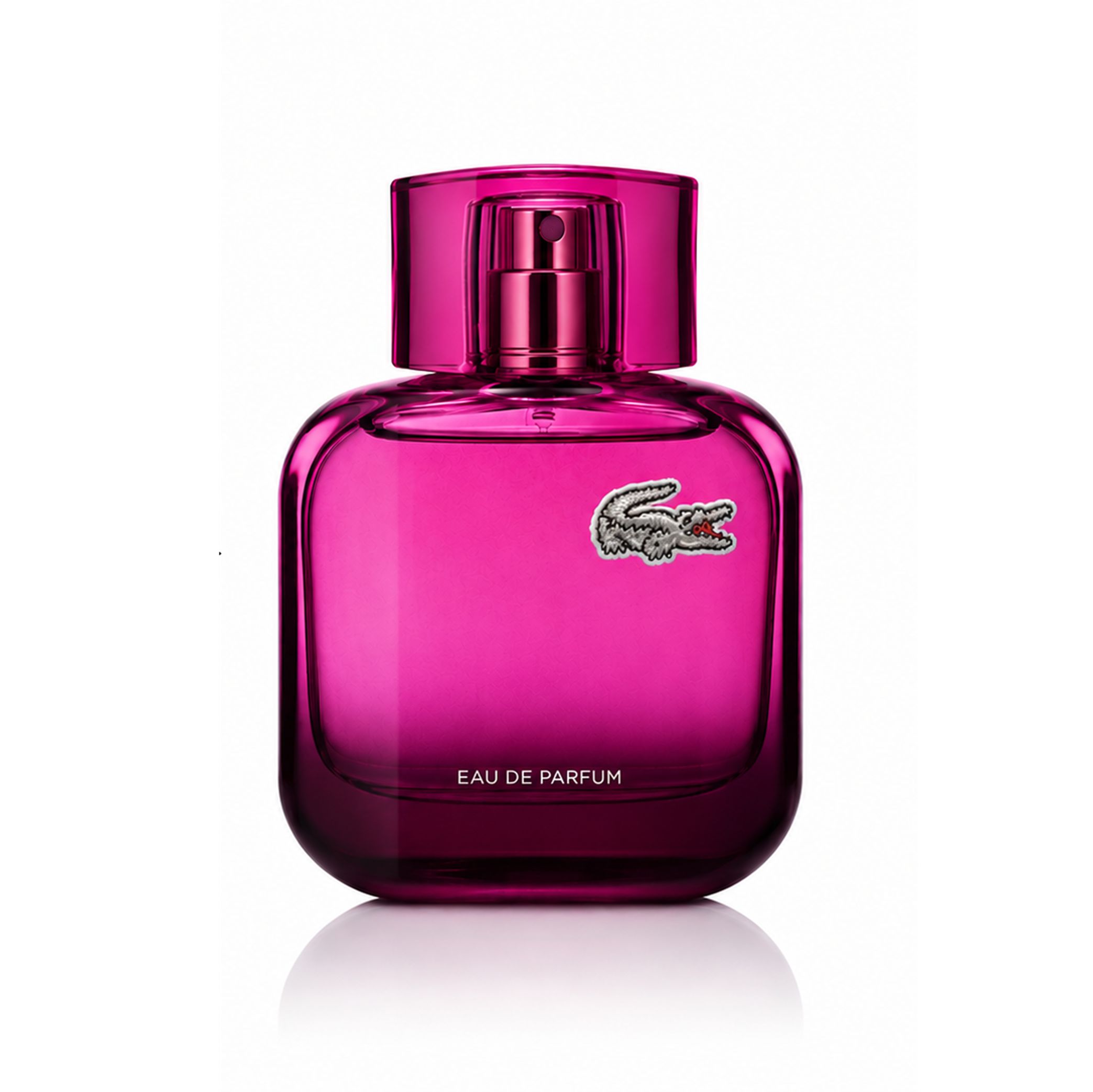 Lacoste Eau de Parfum Flakon in Pink mit Krokodil-Logo.