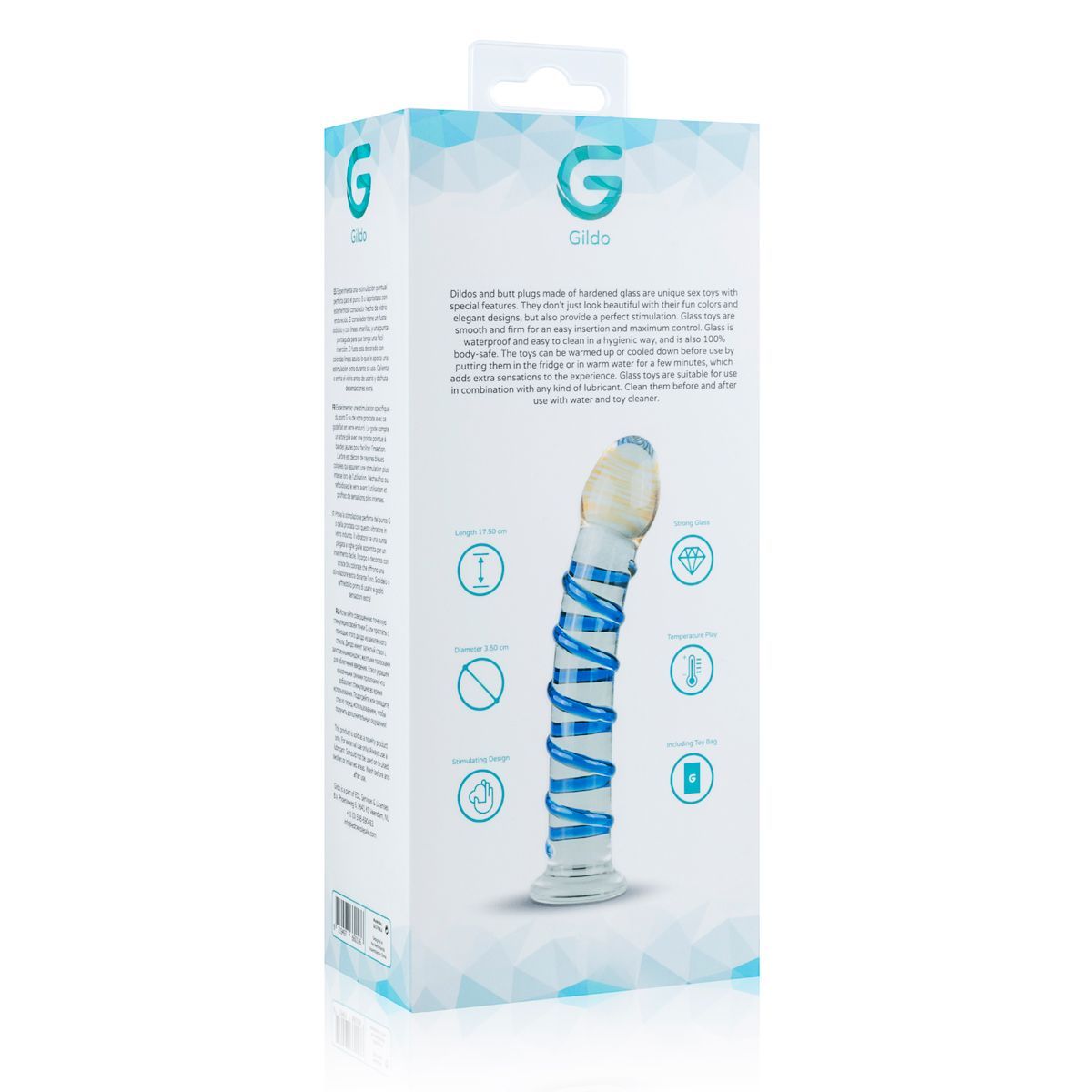 Rückseite der Verpackung mit Dildo. Text und Piktogramme. Auf weißem Hintergrund.