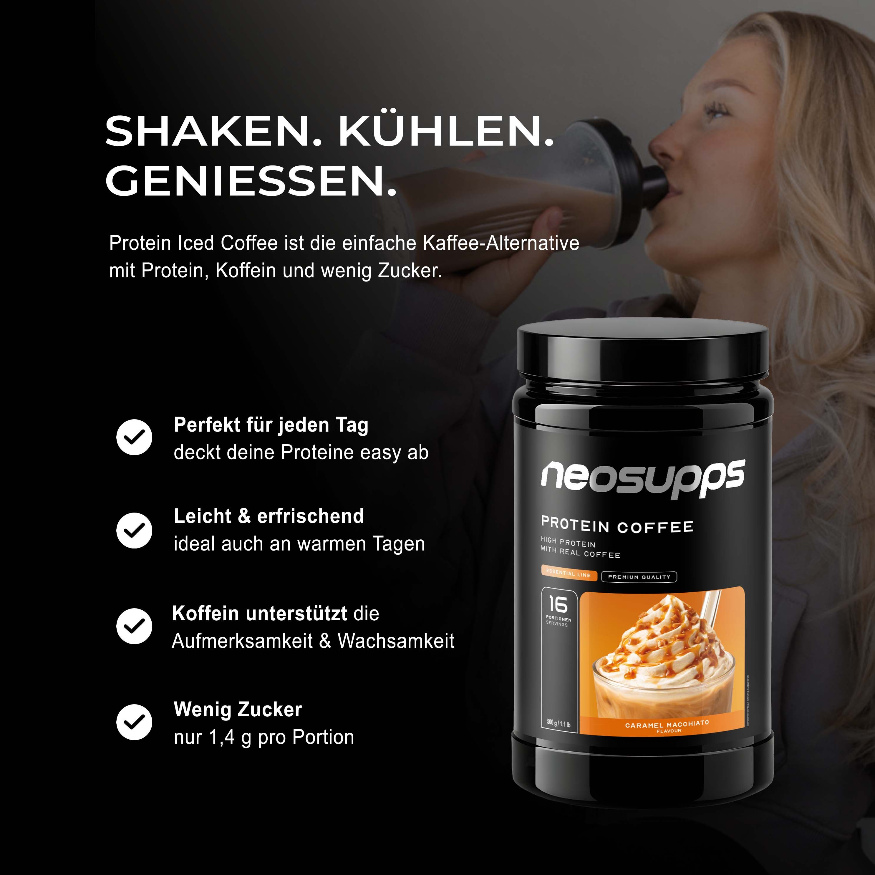 Frau trinkt Neosupps Protein Coffee aus einem Shaker, daneben eine Dose des Produkts.