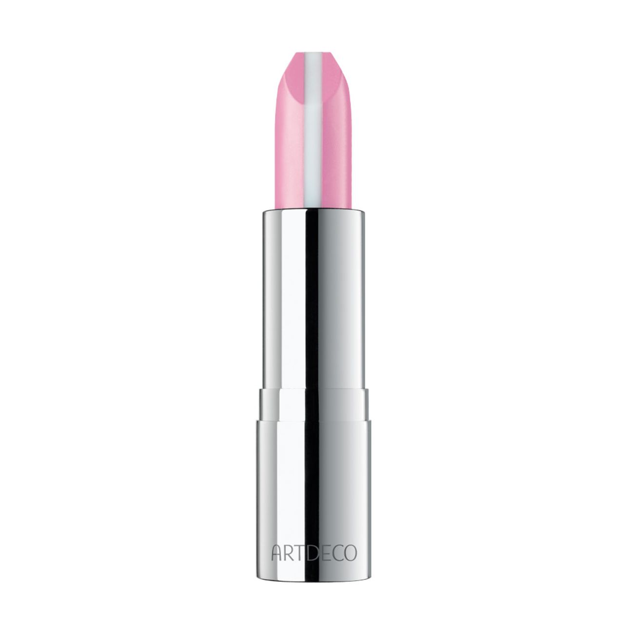 Artdeco Hydra Care Lippenstift. Rosa Lippenstift mit weißem Streifen. Silberfarbene Hülse. Marke Artdeco.