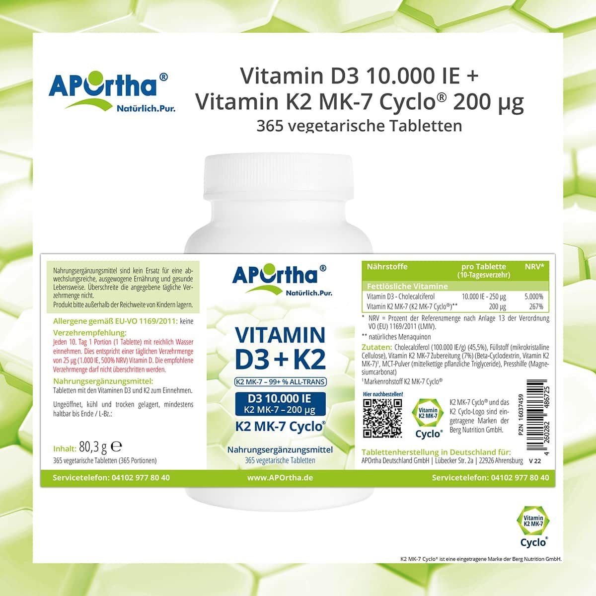Produktflasche mit Etikett und Nährwertangaben. Enthält 365 Tabletten. Text: Vitamin D3 + K2, 10.000 IE, 200 µg.