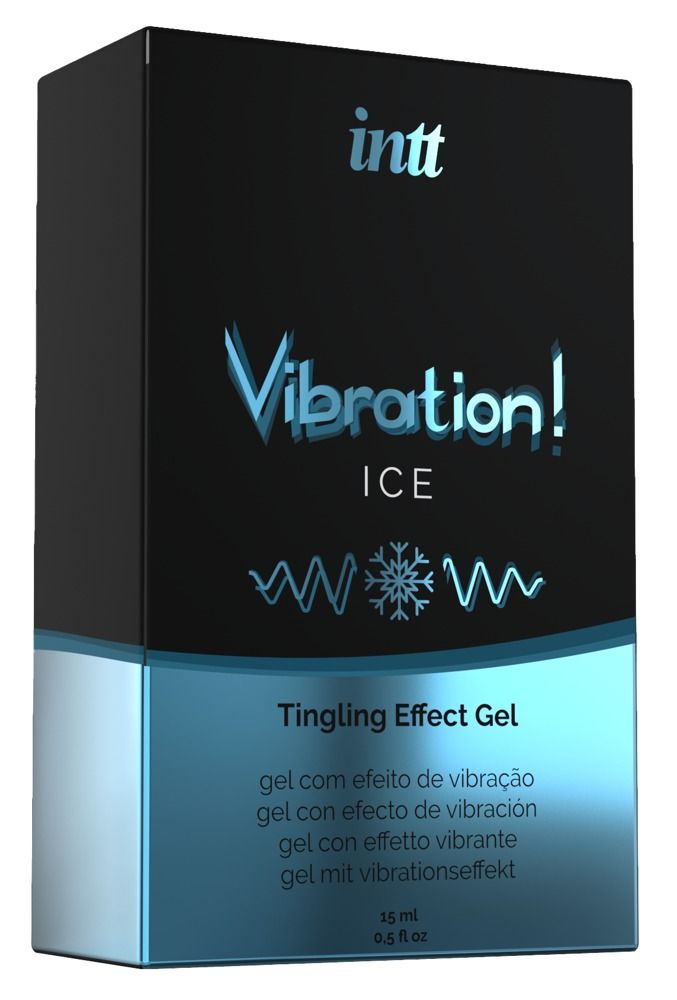 Schwarze Verpackung mit blauem Streifen. Aufschrift: INTT, Vibration! ICE, Tingling Effect Gel. Enthält Wellen- und Schneeflocken-Grafiken.