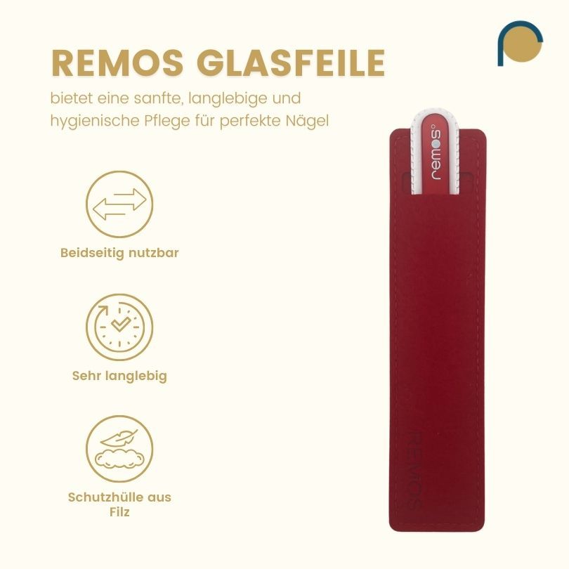 Rote Filzhülle mit Glasnagelfeile. Text: beidseitig nutzbar, sehr langlebig, Schutzhülle aus Filz.