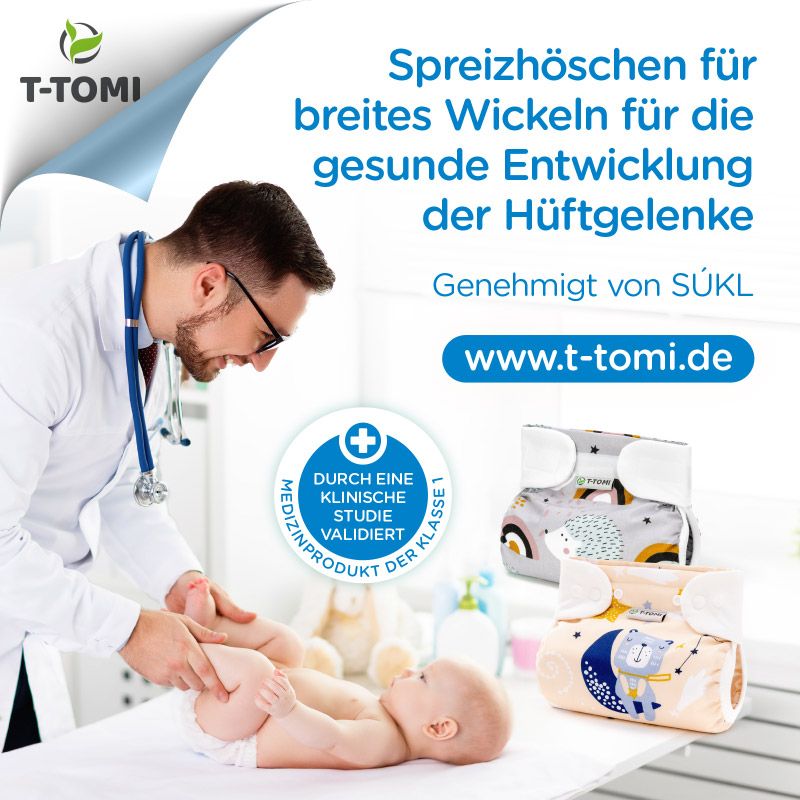 T-TOMI Orthopädisches Spreizhöschen für breites Wickeln - klettverschluss White dots (3-6 kg)