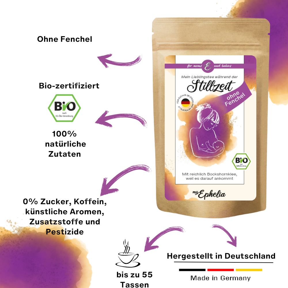 Teebeutel mit lila Etikett. Aufschrift: Stillzeit ohne Fenchel. Bio-Siegel. 100% natürliche Zutaten. Marke: myEphelia. Pfeile.