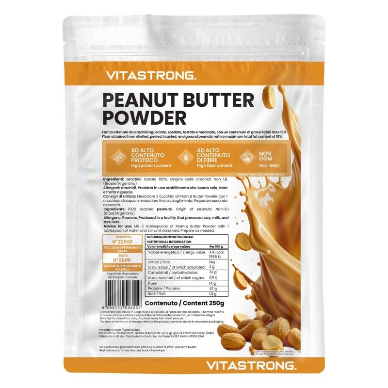 Beutel mit Vitastrong Peanut Butter Powder. Text: High Protein, High Fiber, Non-GMO. 250g Inhalt. Erdnüsse und Erdnussbutter-Spritzer.