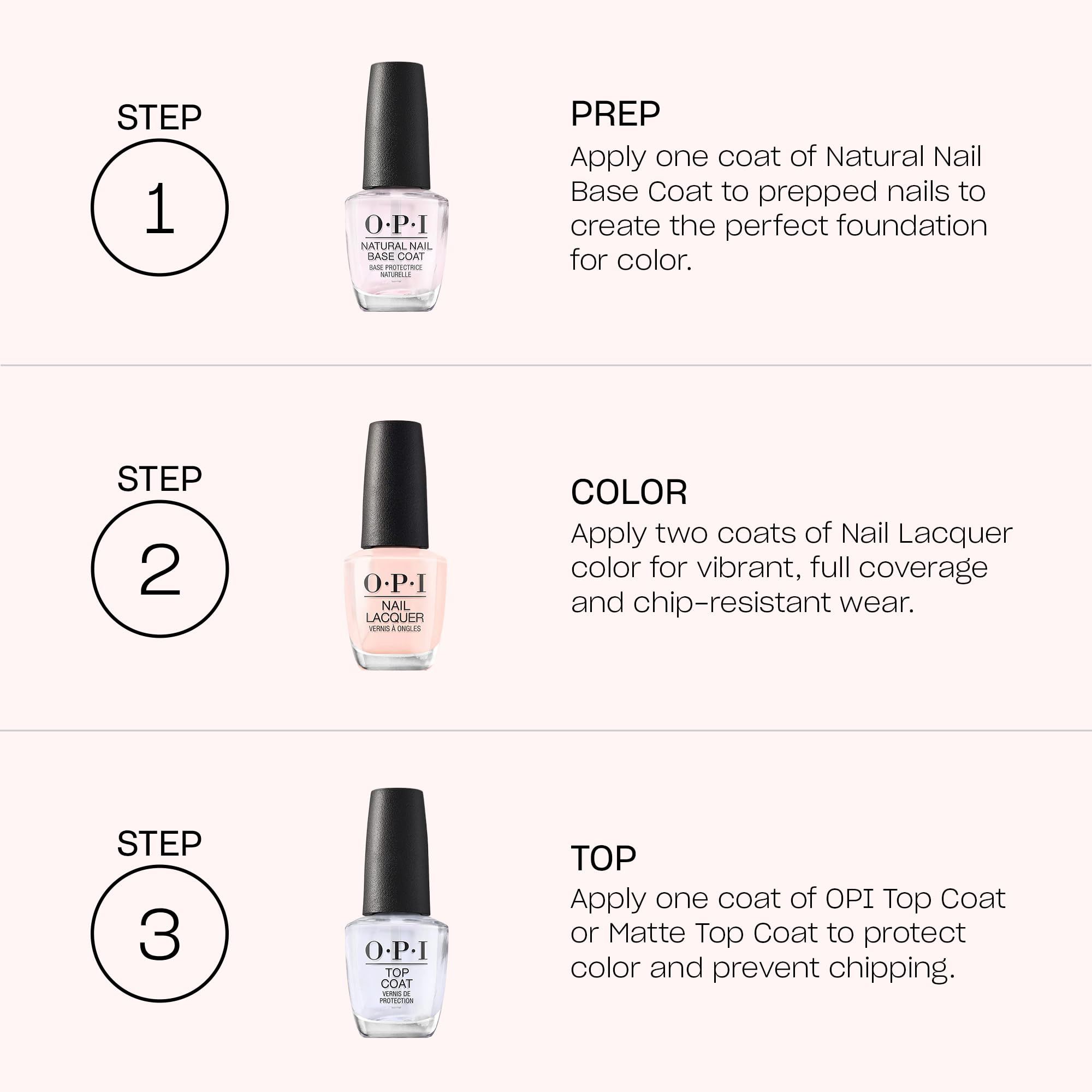 Drei Schritte zur Nagelpflege. OPI-Nagellacke und Beschreibungen.
