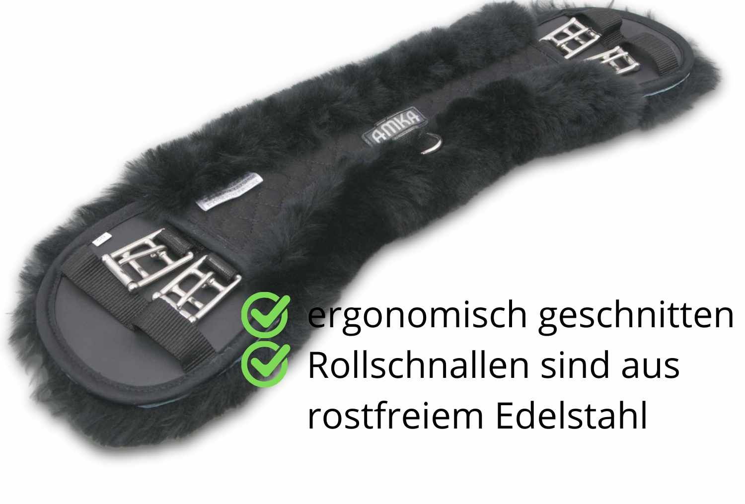 Schwarzer Sattelgurt mit AMKA-Logo. Ergonomisch geschnitten, Rollschallen aus Edelstahl.