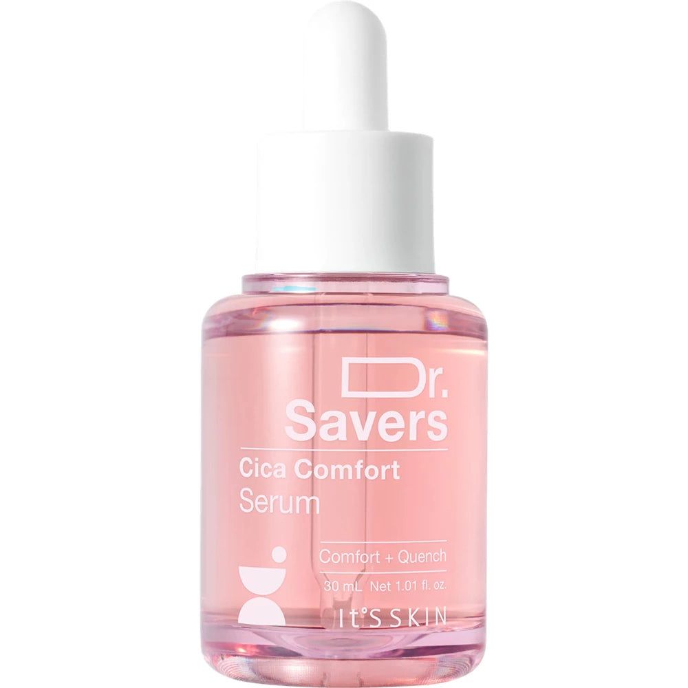 Rosa Serumflasche mit weißem Deckel. Text: Dr. Savers Cica Comfort Serum. 30 ml.