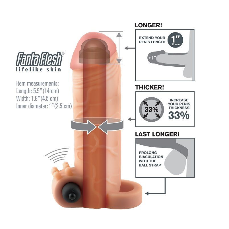 Penishülle mit Hodenring und Vibration. Maße: Länge 14 cm, Breite 4,5 cm, Innendurchmesser 2,5 cm. Illustrationen.