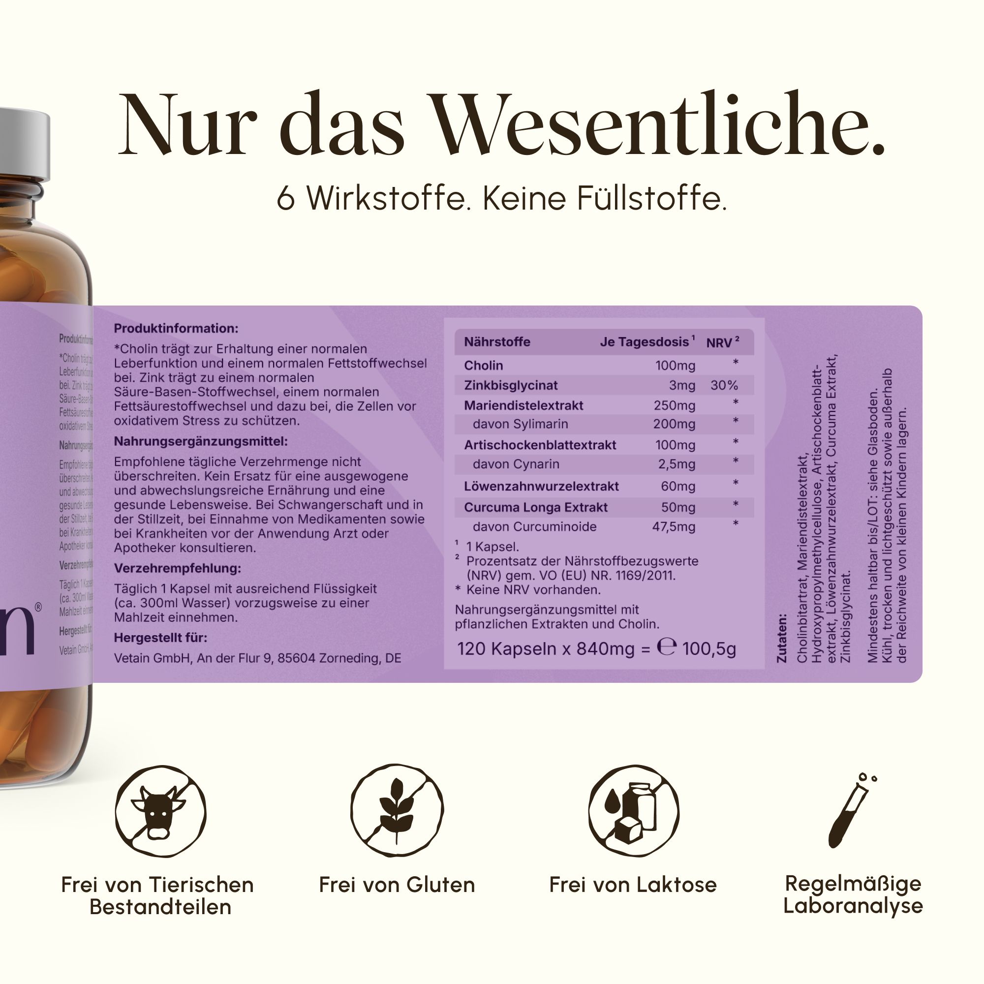 Nahaufnahme der Flasche Vetaain Leber Komplex mit detaillierter Nährwerttabelle und Siegeln.