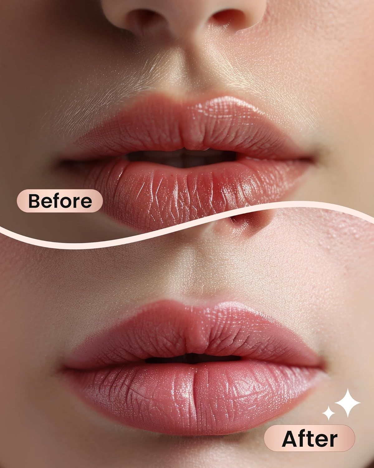 Vorher-Nachher-Vergleich von Lippen. Obere Lippenpartie: Vorher. Untere Lippenpartie: Nachher. Lippen erscheinen glatter und voller.