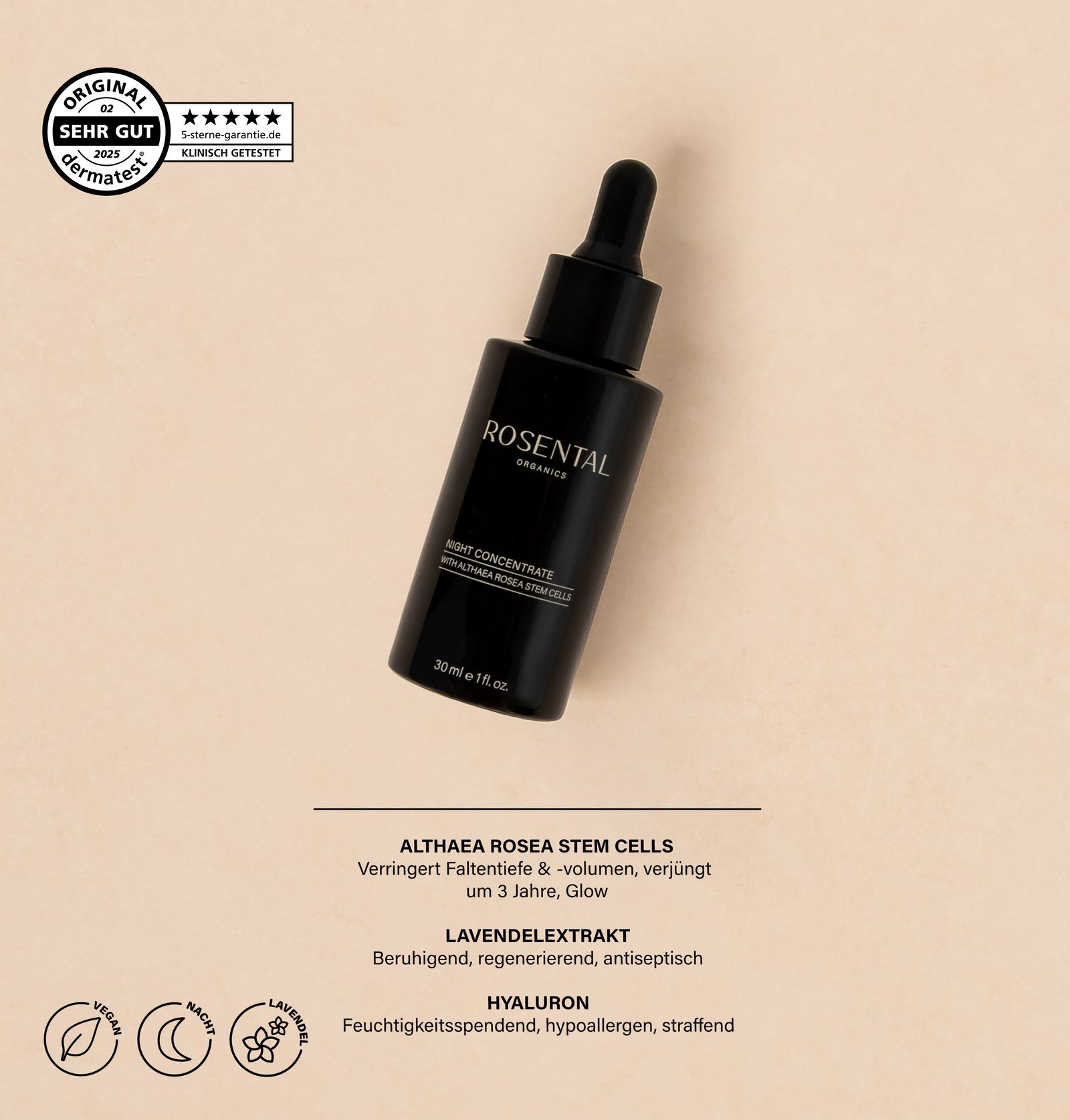 Schwarze Flasche mit Pipette. Text: Rosental, Night Concentrate, 30ml. Siegel: Sehr Gut, dermatologisch getestet.