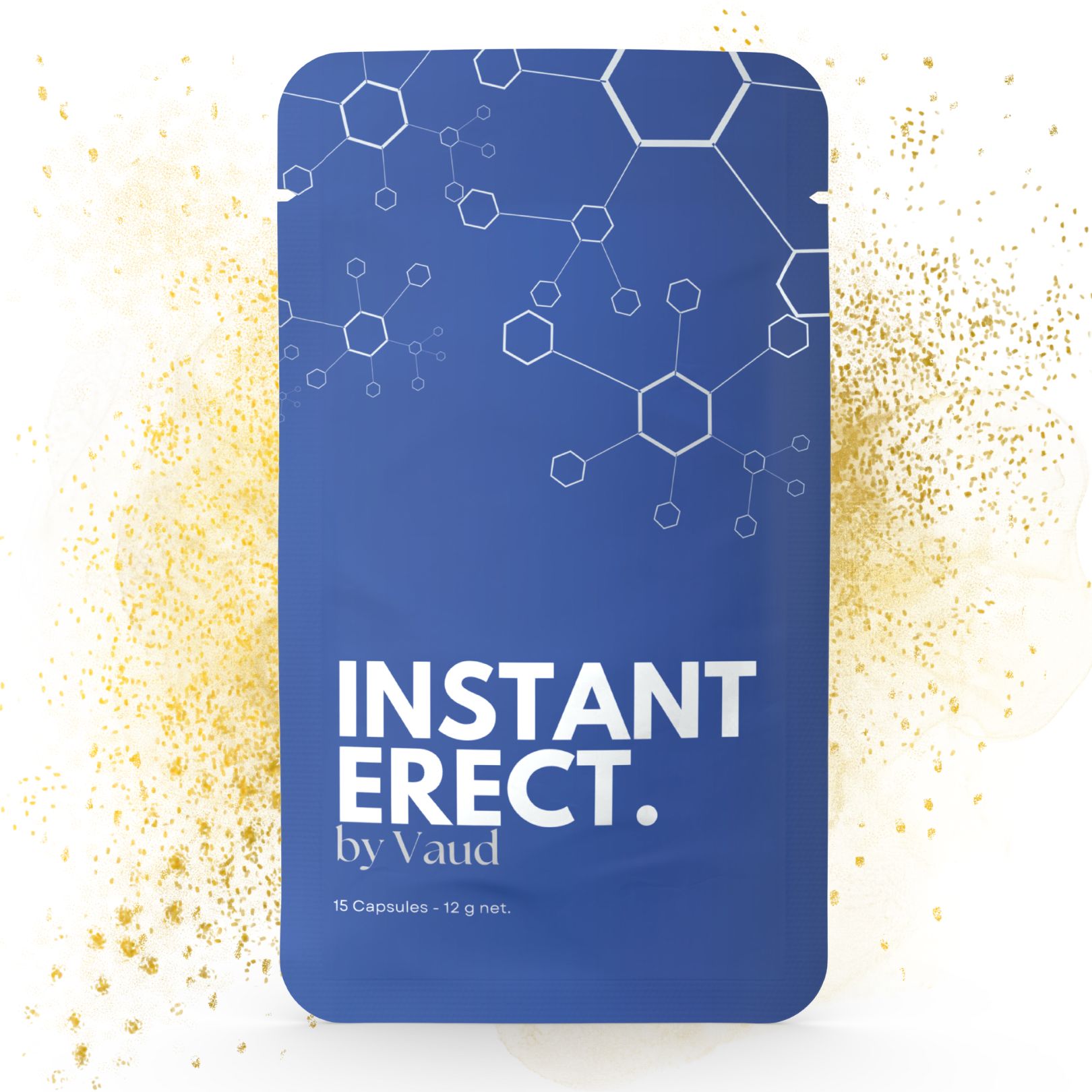 Blaue Verpackung mit weißem Text: INSTANT ERECT. by Vaud. 15 Kapseln. Goldener Hintergrund.