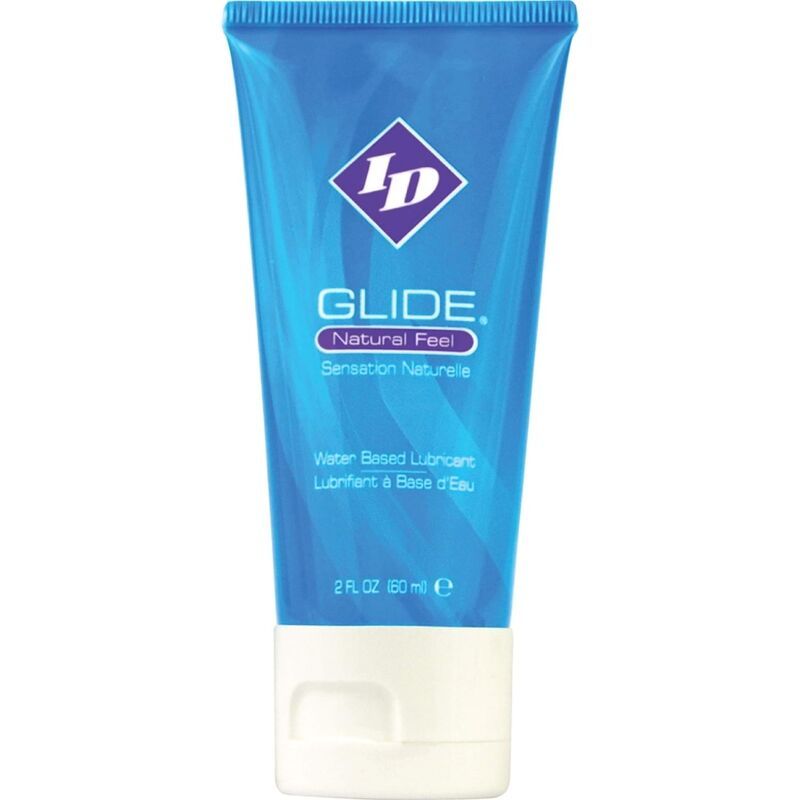 Blaue Tube mit weißem Verschluss. Aufschrift: ID GLIDE. Natural Feel. Wasserbasiertes Gleitmittel. 2 fl oz 60 ml.