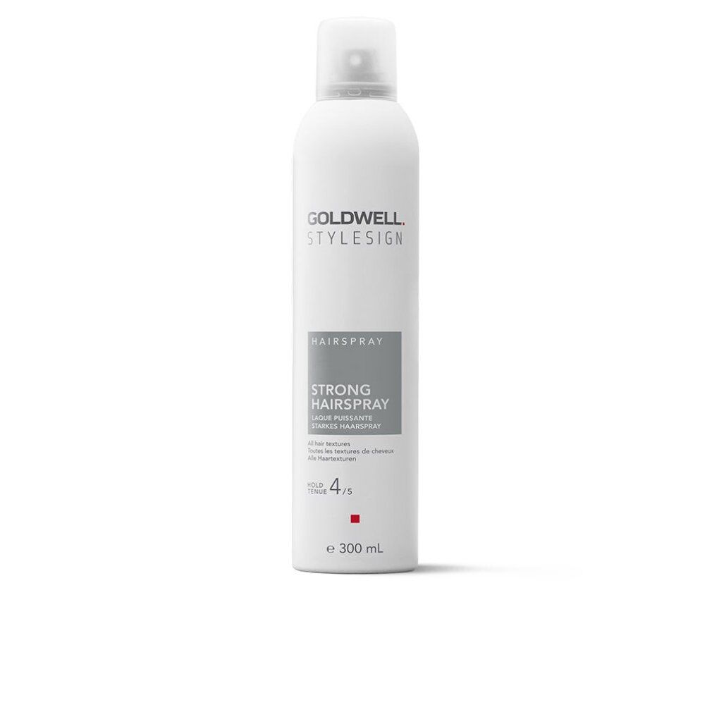 Goldwell Stylesign Haarspray-Flasche, weiß, mit Sprühkopf. Text: "HAIRSPRAY STRONG HAIRSPRAY". Stärke 4/5. Volumenangabe.