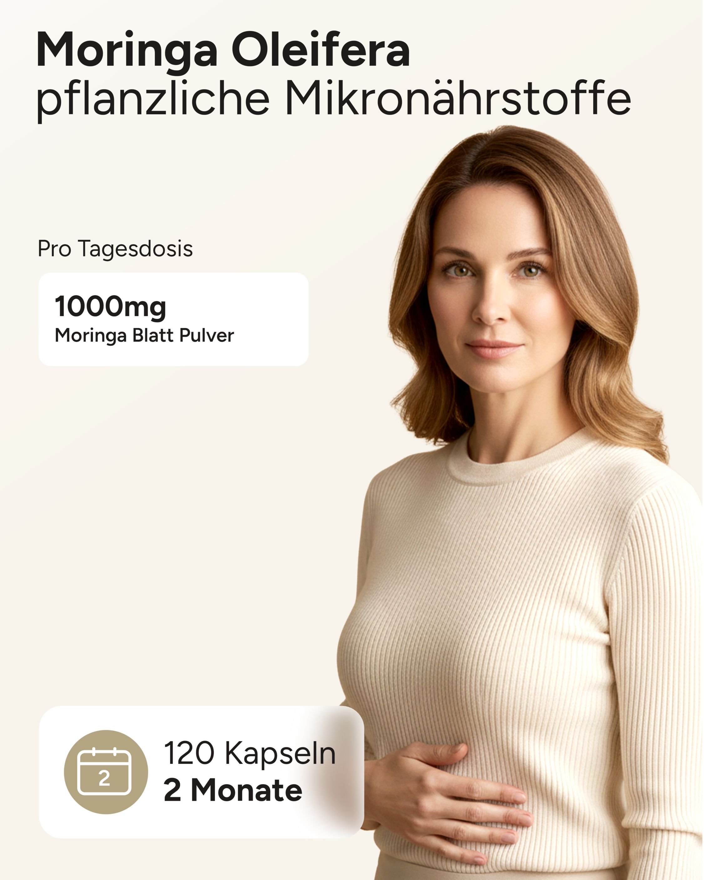 Frau mit Text: Moringa Oleifera, 1000mg Moringa Blatt Pulver, 120 Kapseln, 2 Monate.