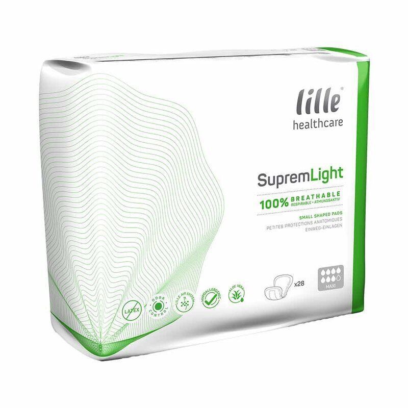 Packung Inkontinenzeinlagen. Marke Lille Healthcare. SupremLight. 100% atmungsaktiv. 28 Stück. Latex-frei.