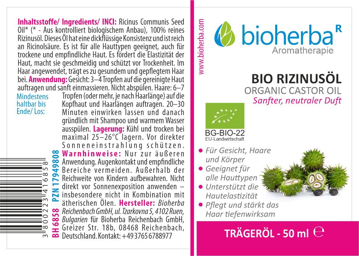 Etikett mit Produktname, Bio-Siegel und Inhaltsangaben. Text in Deutsch. Illustration von Früchten. Rosafarbener Streifen mit Volumenangabe.