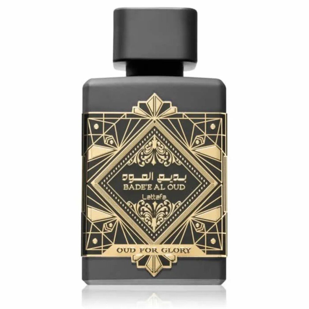 Schwarze Parfumflasche mit goldfarbenen Verzierungen und Schriftzügen. Aufschrift: Badee Al Oud For Glory.