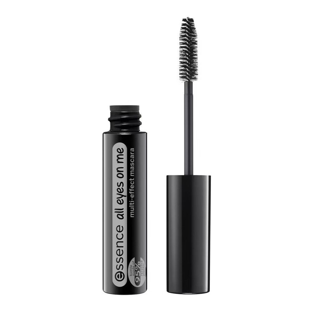 Schwarze Mascarabürste und -flasche. Aufschrift: essence all eyes on me multi-effect mascara. Bürste herausgezogen.