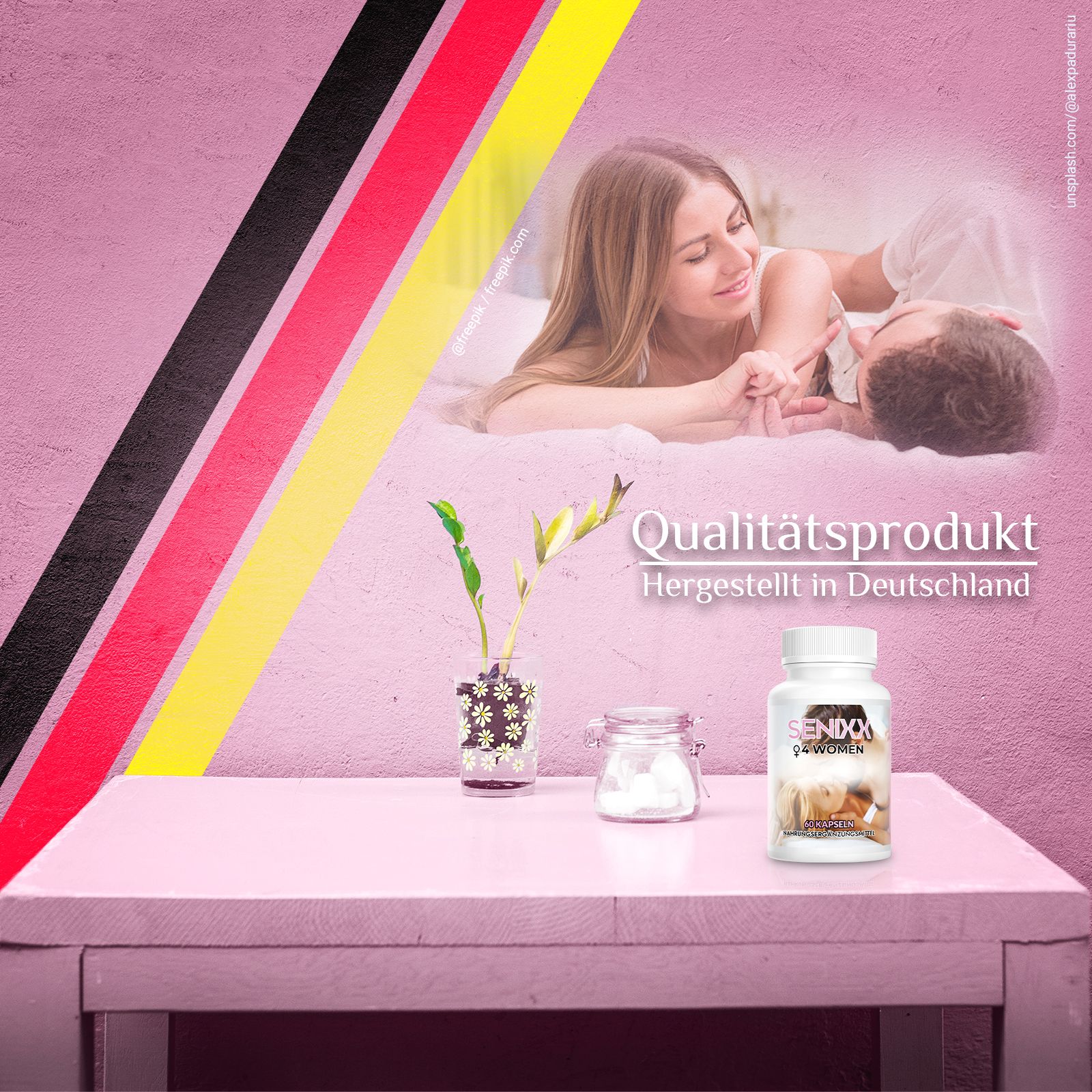 Weißes Pillenfläschchen mit Senixx 4 Women-Etikett. Aufschrift: 60 Kapseln. Hintergrund: Paar im Bett, deutsche Flagge, Text: Qualitätsprodukt, hergestellt in Deutschland.