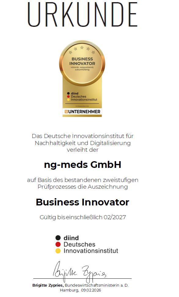 Urkunde mit dem Logo "Business Innovator" und Text. Ausgestellt vom Deutschen Innovationsinstitut für Nachhaltigkeit und Digitalisierung.