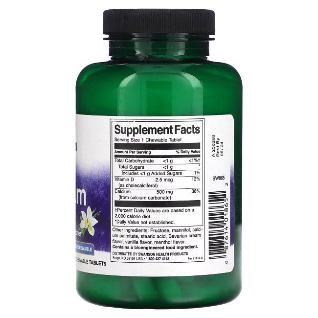 Rückseite einer grünen Flasche. Enthält Nährwertangaben für Calcium. Enthält 500 mg Calcium pro Tablette.