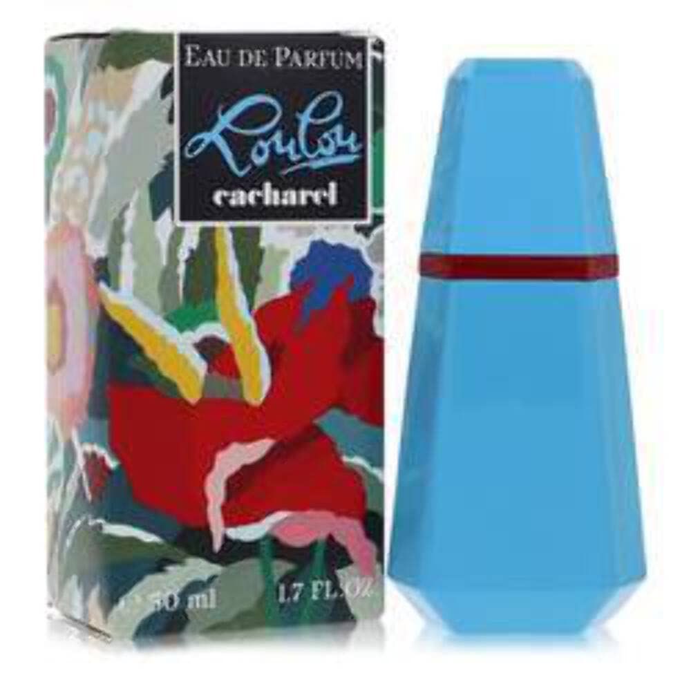Hellblaues Parfümflakon mit rotem Band, neben einer Schachtel mit floralem Design und dem Schriftzug "LouLou cacharel".