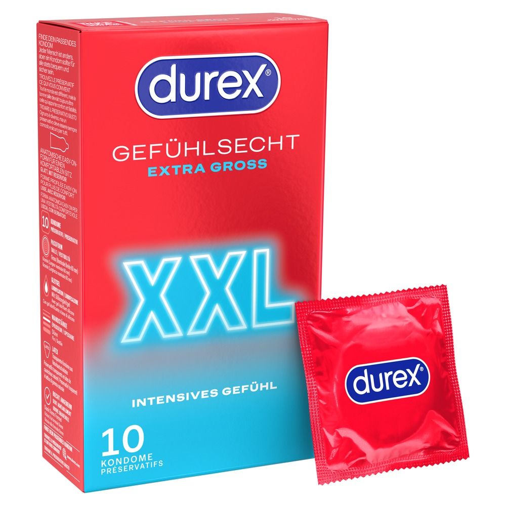 Durex Gefühlsecht Extra Groß XXL Kondompackung (10 Stück) mit Einzelverpackung.